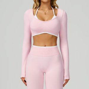 Pink Seamless Workout Set - Long Sleeve Crop Top & High Waist Leggings