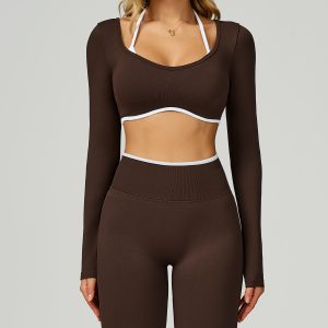 Chocolate Brown Seamless Workout Set - Long Sleeve Top & High Waist Leggings