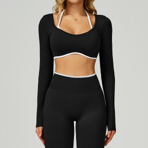 Black 2-Piece Activewear Set - Long Sleeve Crop Top & High Waist Leggings
