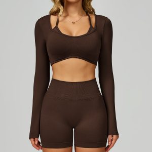 Dark Brown Seamless Yoga Set - Long Sleeve Crop Top & High Waist Leggings