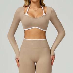 Light Beige 2-Piece Yoga Set - Long Sleeve Crop Top & High Waist Leggings
