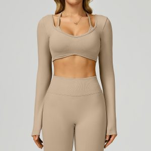 Nude Beige Seamless Activewear Set - Long Sleeve Top & High Waist Leggings